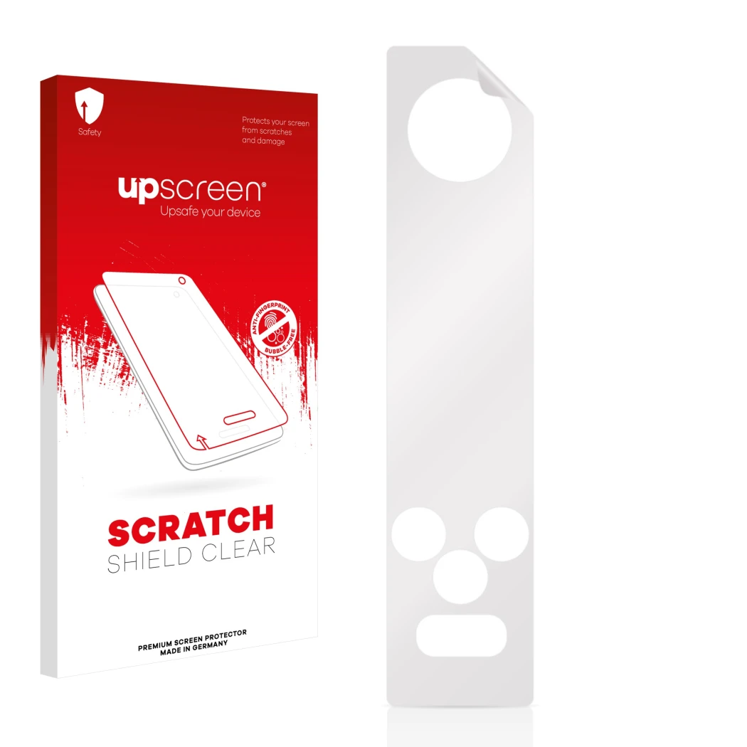 Vorderseite einer Produktverpackung mit dem Markenlogo upscreen. Daneben ist der zugehörige Displayschutz.