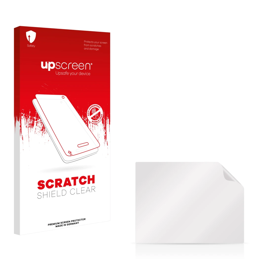Vorderseite einer Produktverpackung mit dem Markenlogo upscreen. Daneben ist der zugehörige Displayschutz.
