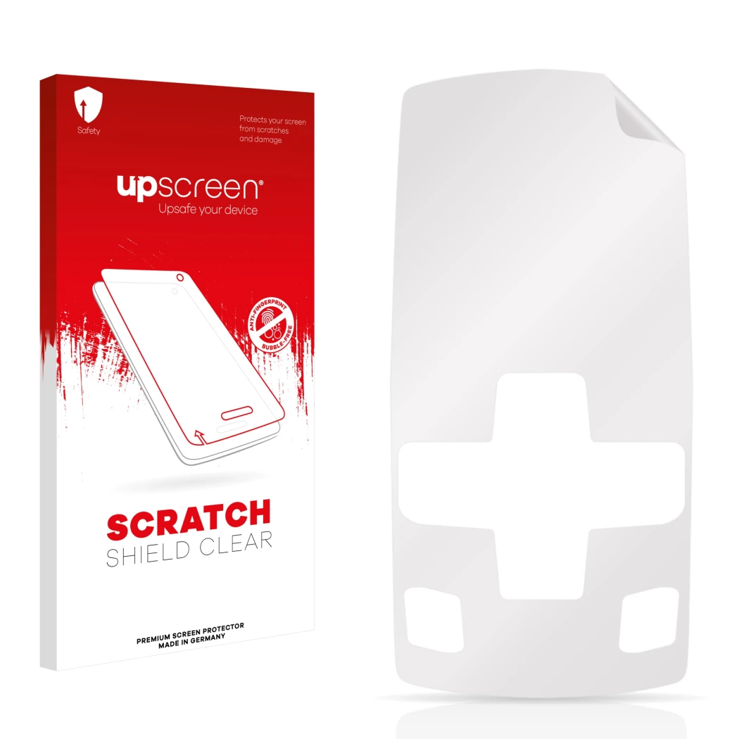 Vorderseite einer Produktverpackung mit dem Markenlogo upscreen. Daneben ist der zugehörige Displayschutz.