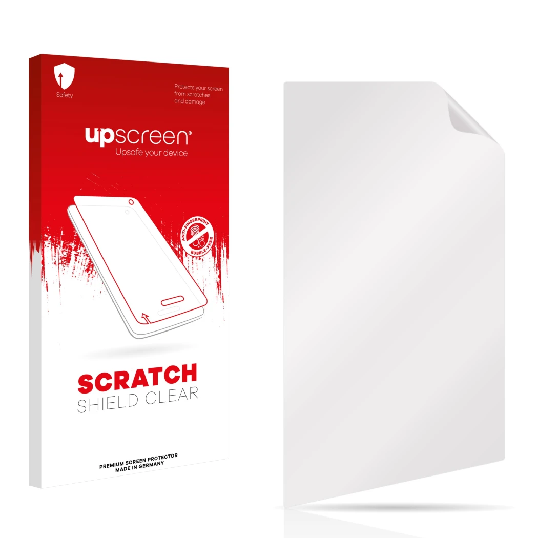 Vorderseite einer Produktverpackung mit dem Markenlogo upscreen. Daneben ist der zugehörige Displayschutz.