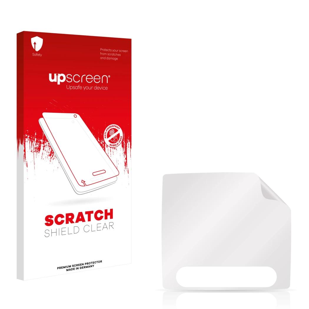 Vorderseite einer Produktverpackung mit dem Markenlogo upscreen. Daneben ist der zugehörige Displayschutz.