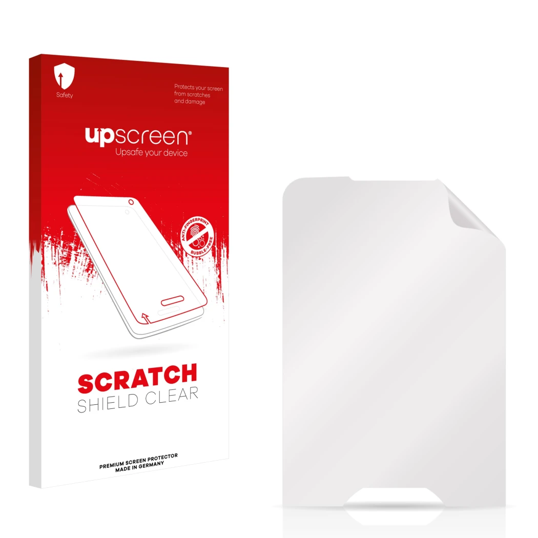 Vorderseite einer Produktverpackung mit dem Markenlogo upscreen. Daneben ist der zugehörige Displayschutz.