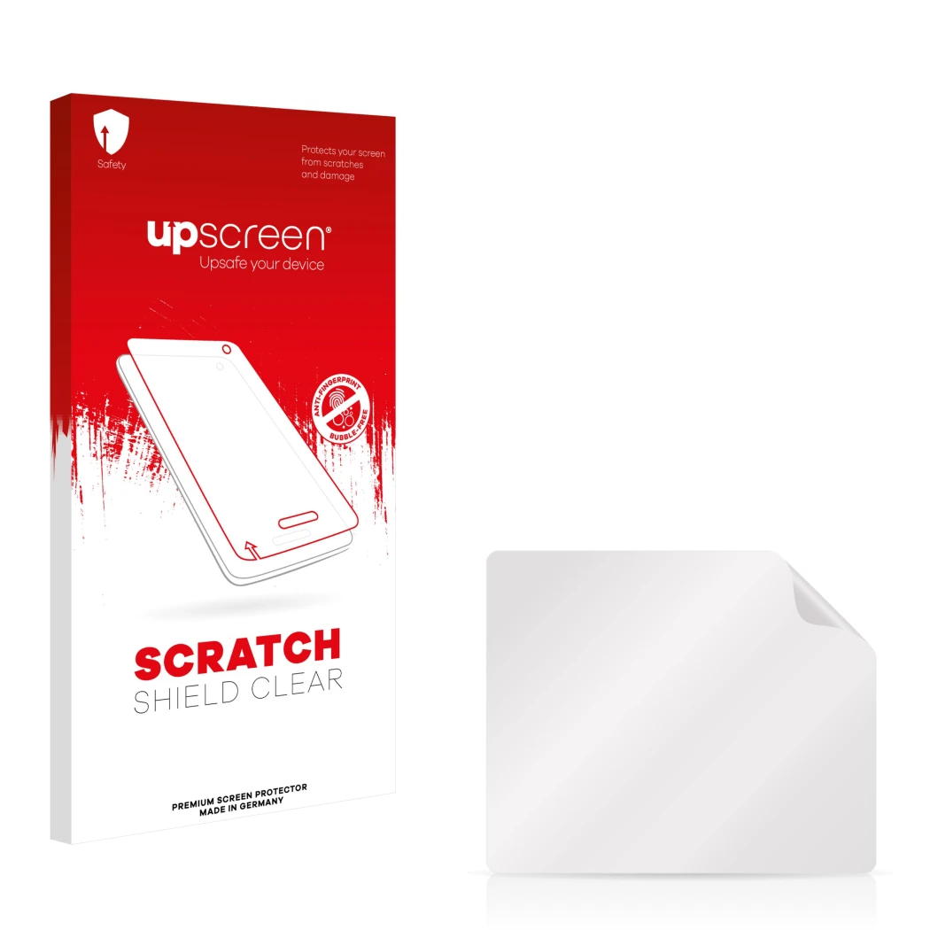 Vorderseite einer Produktverpackung mit dem Markenlogo upscreen. Daneben ist der zugehörige Displayschutz.