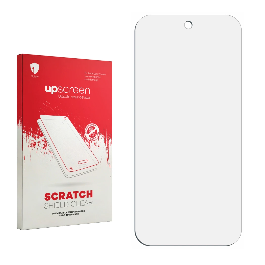 Vorderseite einer Produktverpackung mit dem Markenlogo upscreen. Daneben ist der zugehörige Displayschutz.