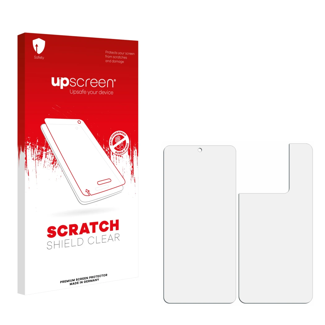 Vorderseite einer Produktverpackung mit dem Markenlogo upscreen. Daneben ist der zugehörige Displayschutz.