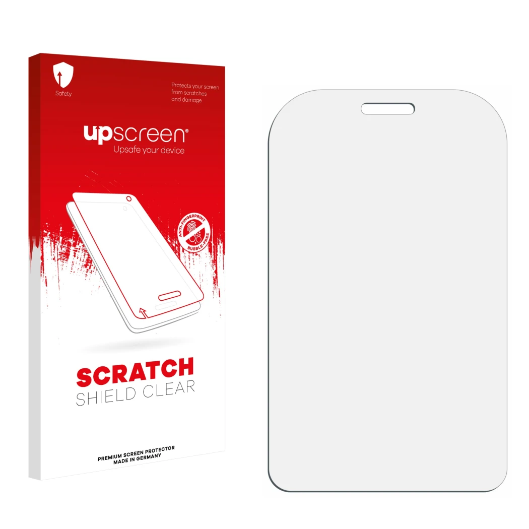 Vorderseite einer Produktverpackung mit dem Markenlogo upscreen. Daneben ist der zugehörige Displayschutz.