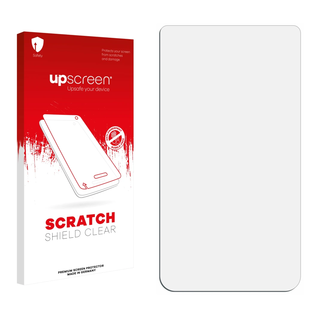 Vorderseite einer Produktverpackung mit dem Markenlogo upscreen. Daneben ist der zugehörige Displayschutz.