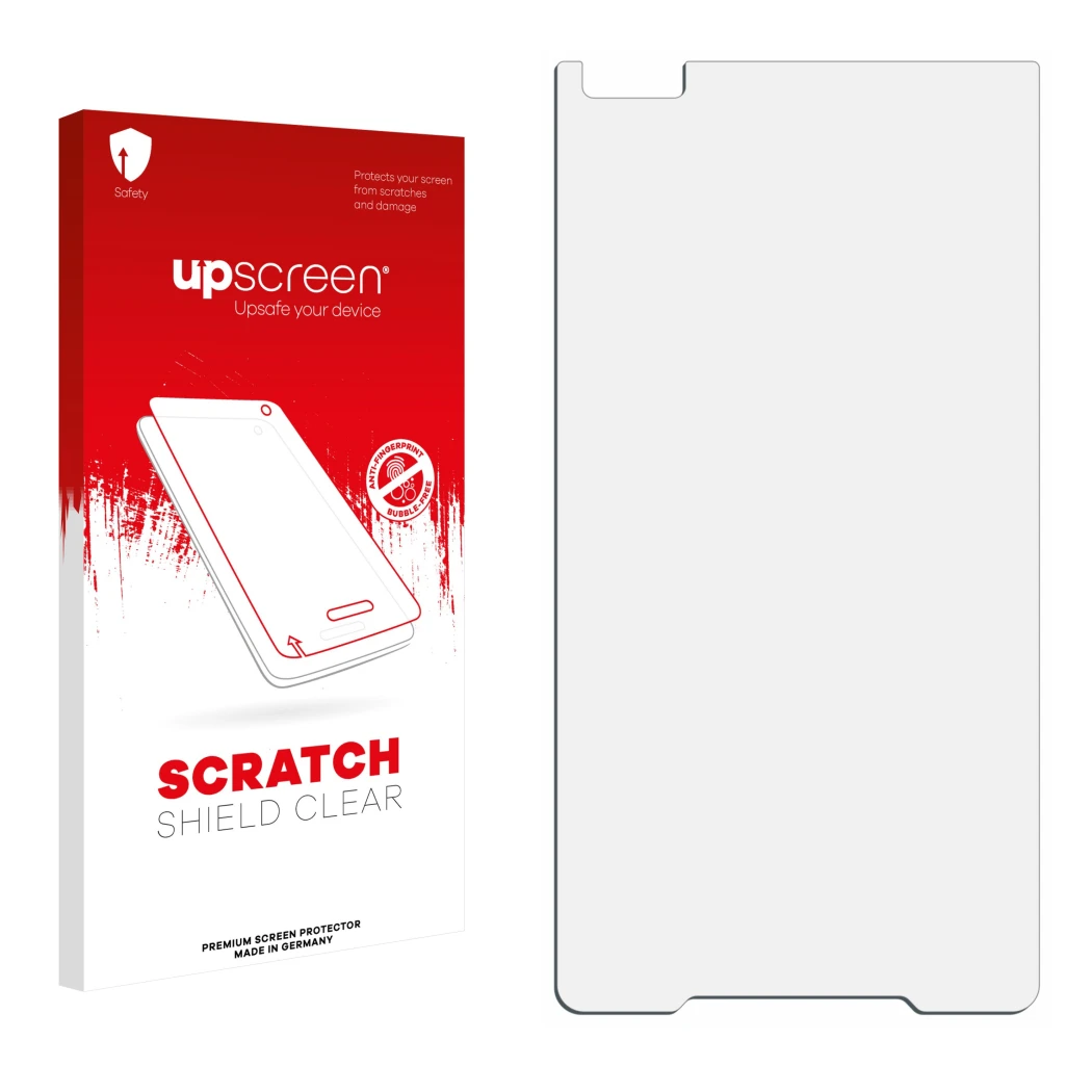 Vorderseite einer Produktverpackung mit dem Markenlogo upscreen. Daneben ist der zugehörige Displayschutz.