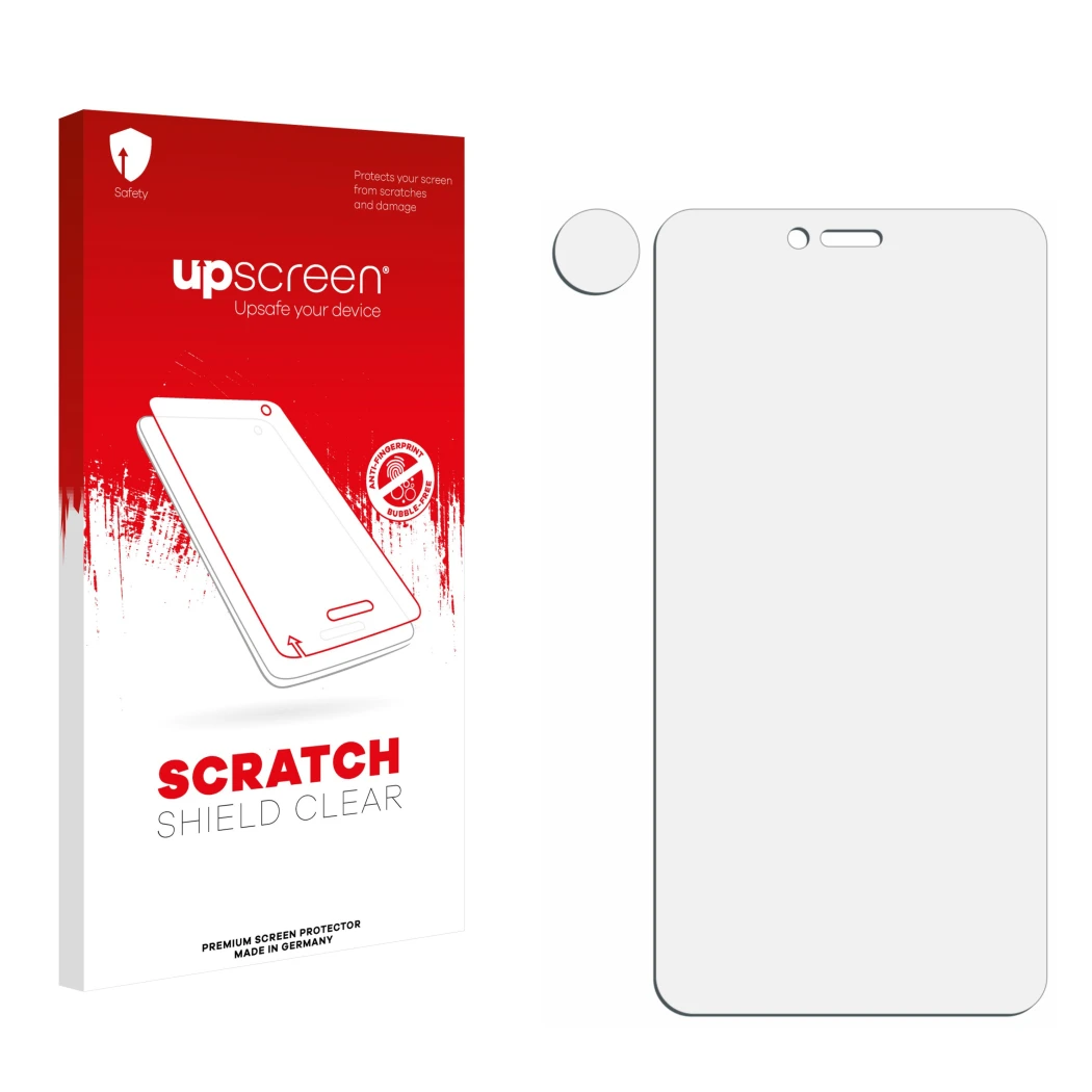 Vorderseite einer Produktverpackung mit dem Markenlogo upscreen. Daneben ist der zugehörige Displayschutz.