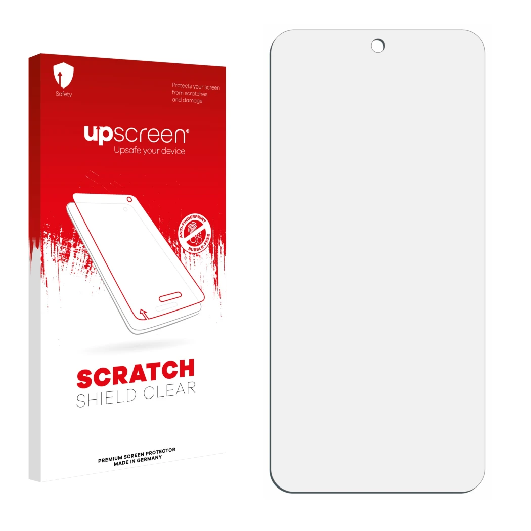 Vorderseite einer Produktverpackung mit dem Markenlogo upscreen. Daneben ist der zugehörige Displayschutz.