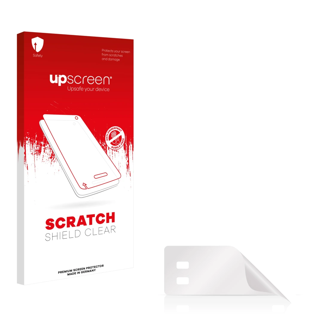 Vorderseite einer Produktverpackung mit dem Markenlogo upscreen. Daneben ist der zugehörige Displayschutz.