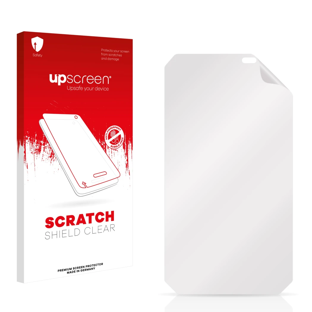 Vorderseite einer Produktverpackung mit dem Markenlogo upscreen. Daneben ist der zugehörige Displayschutz.