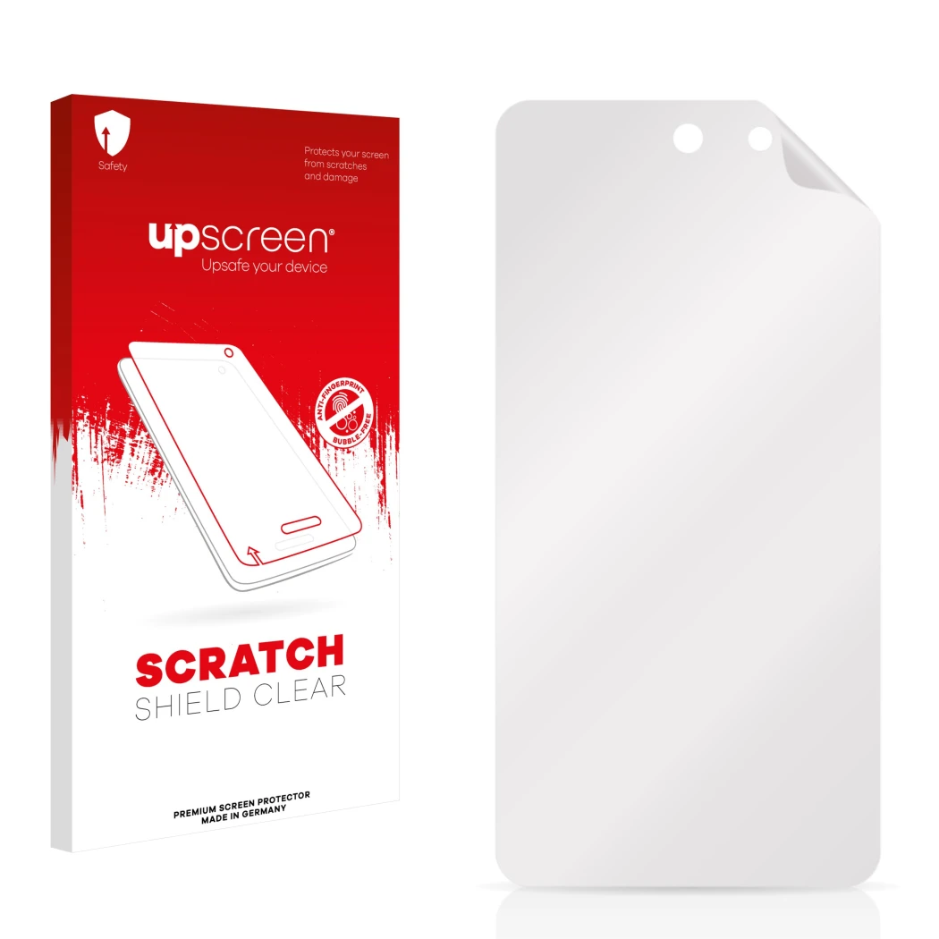 Vorderseite einer Produktverpackung mit dem Markenlogo upscreen. Daneben ist der zugehörige Displayschutz.