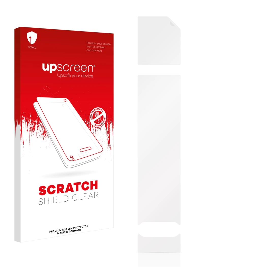 Vorderseite einer Produktverpackung mit dem Markenlogo upscreen. Daneben ist der zugehörige Displayschutz.