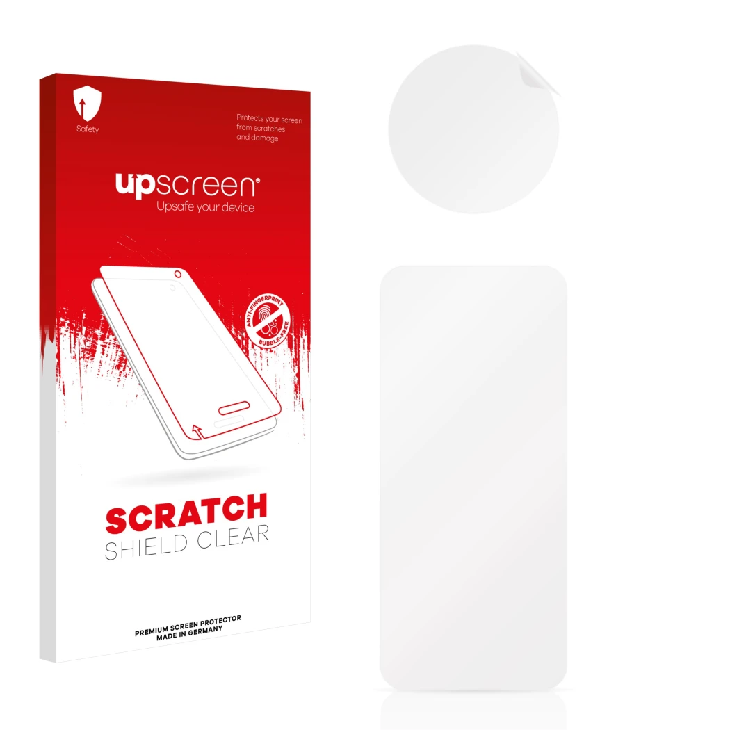 Vorderseite einer Produktverpackung mit dem Markenlogo upscreen. Daneben ist der zugehörige Displayschutz.
