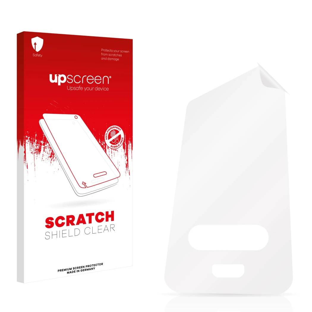 Vorderseite einer Produktverpackung mit dem Markenlogo upscreen. Daneben ist der zugehörige Displayschutz.