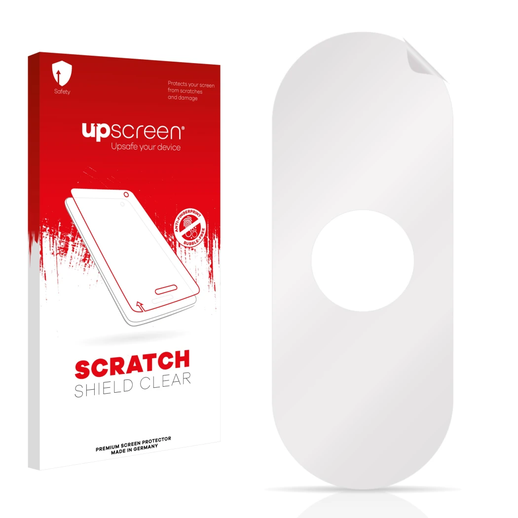 Vorderseite einer Produktverpackung mit dem Markenlogo upscreen. Daneben ist der zugehörige Displayschutz.