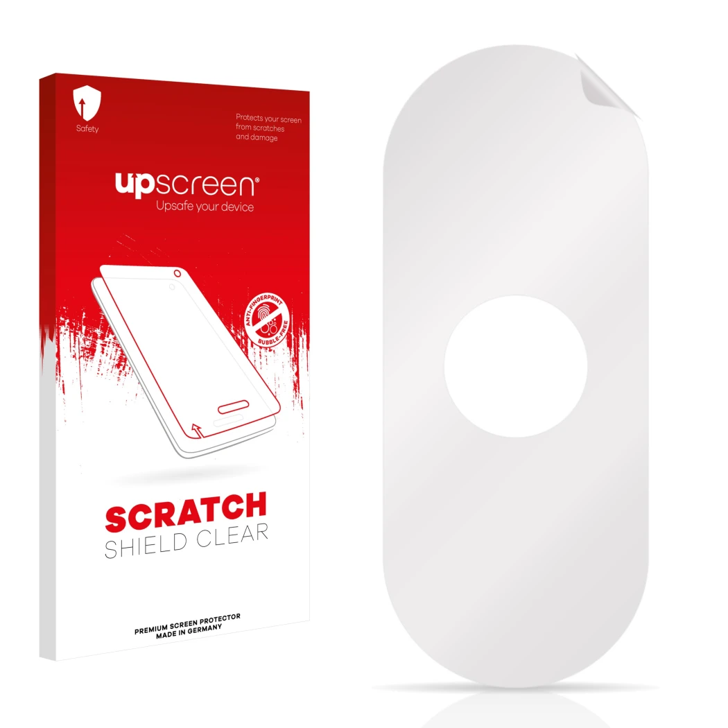 Vorderseite einer Produktverpackung mit dem Markenlogo upscreen. Daneben ist der zugehörige Displayschutz.