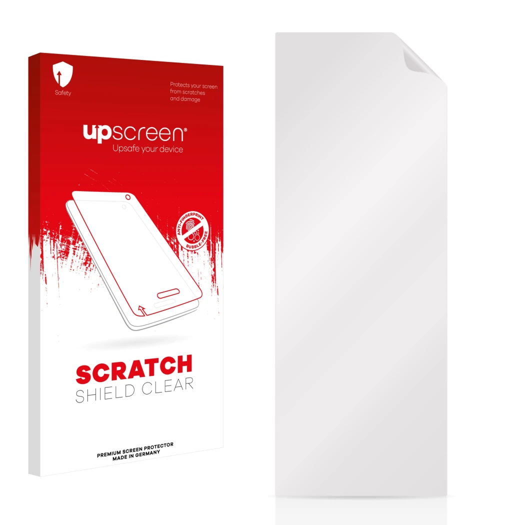 Vorderseite einer Produktverpackung mit dem Markenlogo upscreen. Daneben ist der zugehörige Displayschutz.