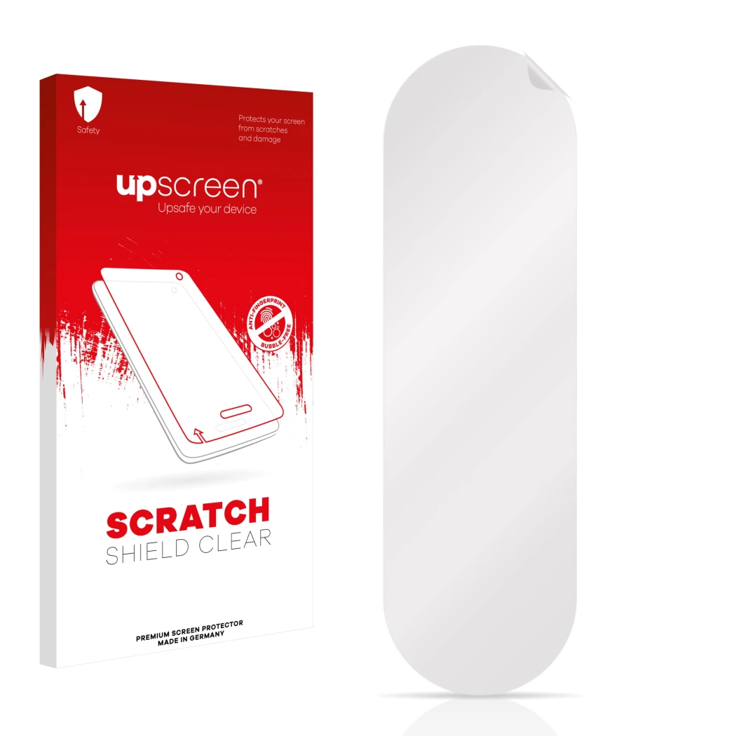 Vorderseite einer Produktverpackung mit dem Markenlogo upscreen. Daneben ist der zugehörige Displayschutz.