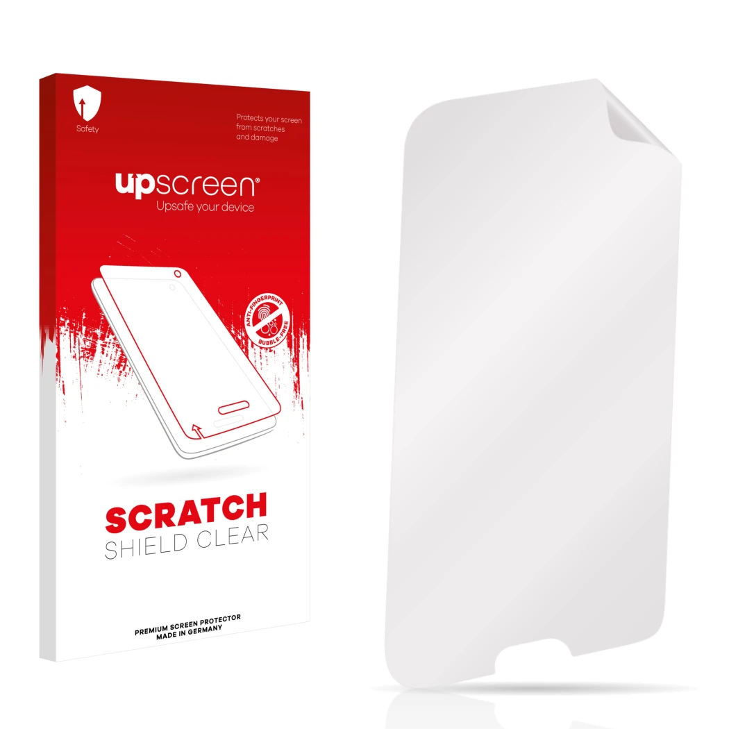 Vorderseite einer Produktverpackung mit dem Markenlogo upscreen. Daneben ist der zugehörige Displayschutz.
