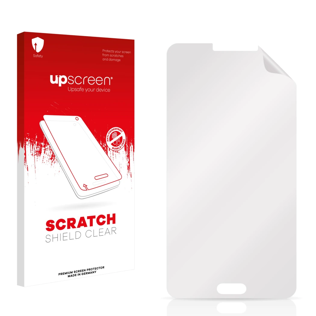 Vorderseite einer Produktverpackung mit dem Markenlogo upscreen. Daneben ist der zugehörige Displayschutz.