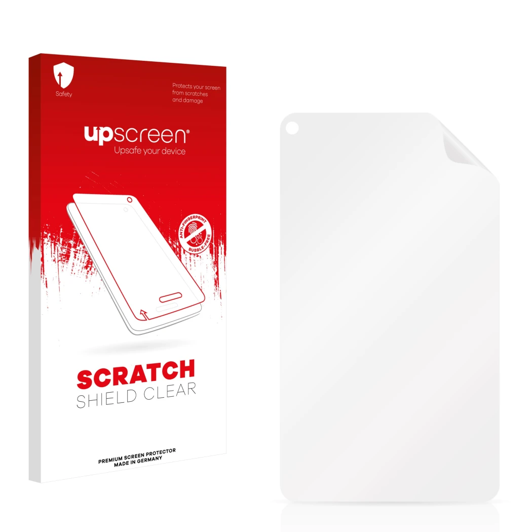 Vorderseite einer Produktverpackung mit dem Markenlogo upscreen. Daneben ist der zugehörige Displayschutz.