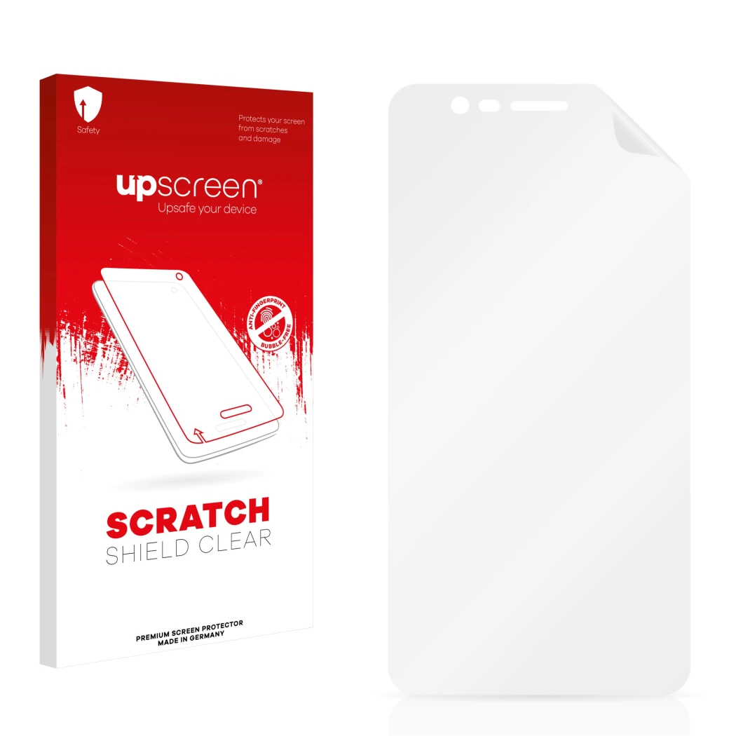 Vorderseite einer Produktverpackung mit dem Markenlogo upscreen. Daneben ist der zugehörige Displayschutz.