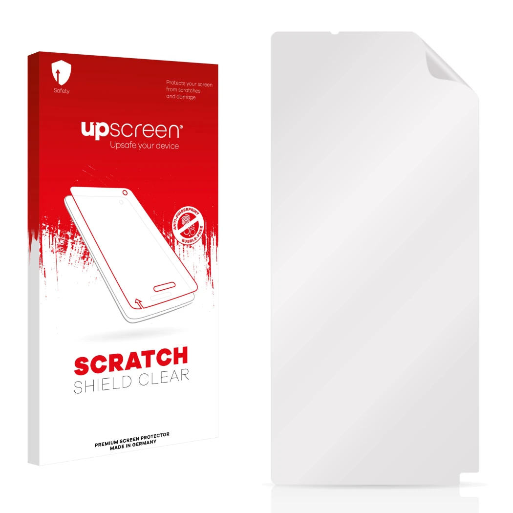 Vorderseite einer Produktverpackung mit dem Markenlogo upscreen. Daneben ist der zugehörige Displayschutz.