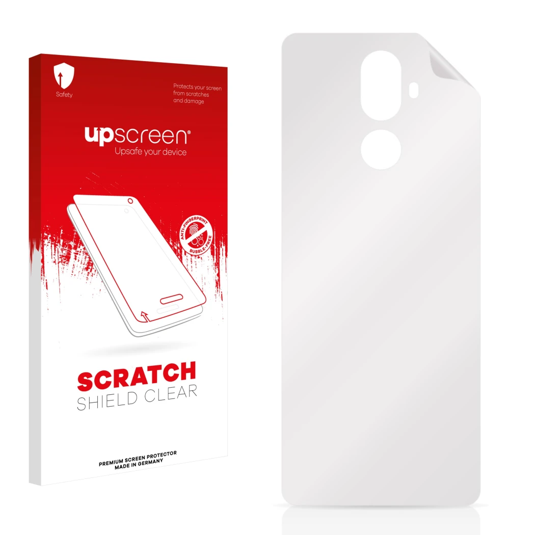 Vorderseite einer Produktverpackung mit dem Markenlogo upscreen. Daneben ist der zugehörige Displayschutz.