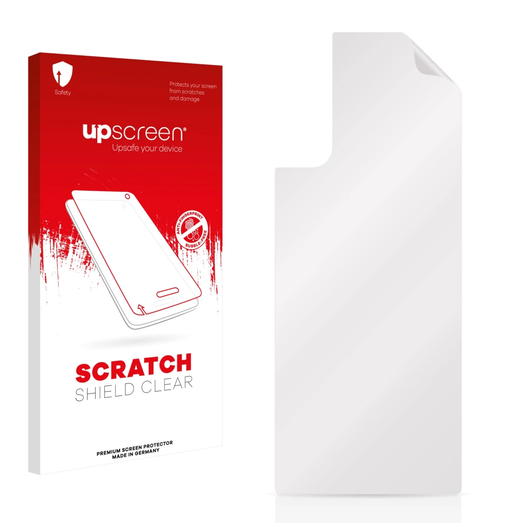 Vorderseite einer Produktverpackung mit dem Markenlogo upscreen. Daneben ist der zugehörige Displayschutz.