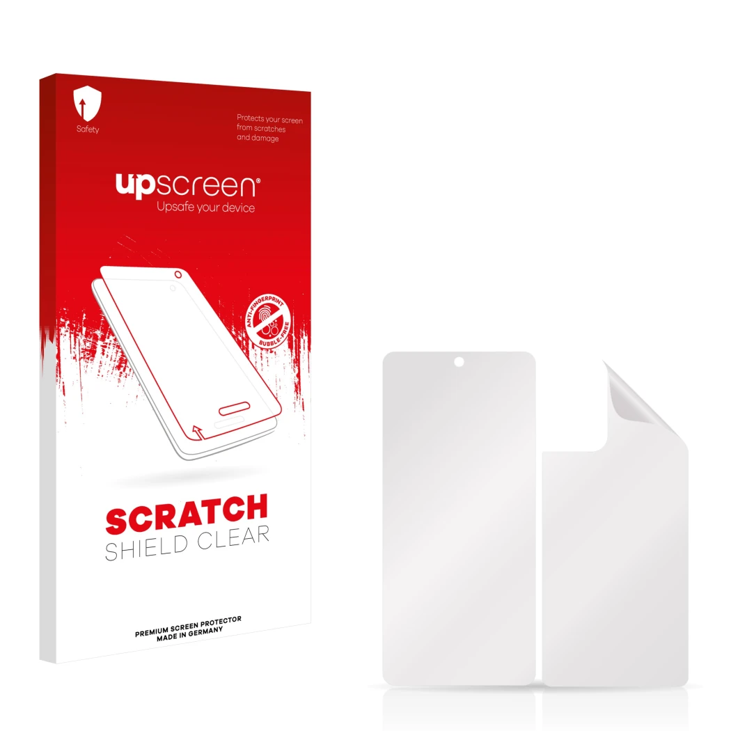 Vorderseite einer Produktverpackung mit dem Markenlogo upscreen. Daneben ist der zugehörige Displayschutz.