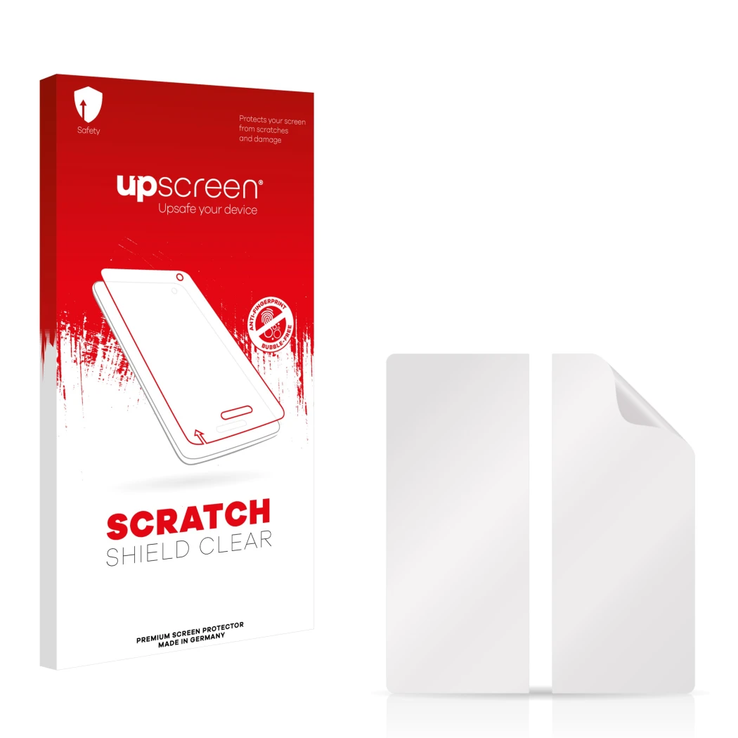 Vorderseite einer Produktverpackung mit dem Markenlogo upscreen. Daneben ist der zugehörige Displayschutz.