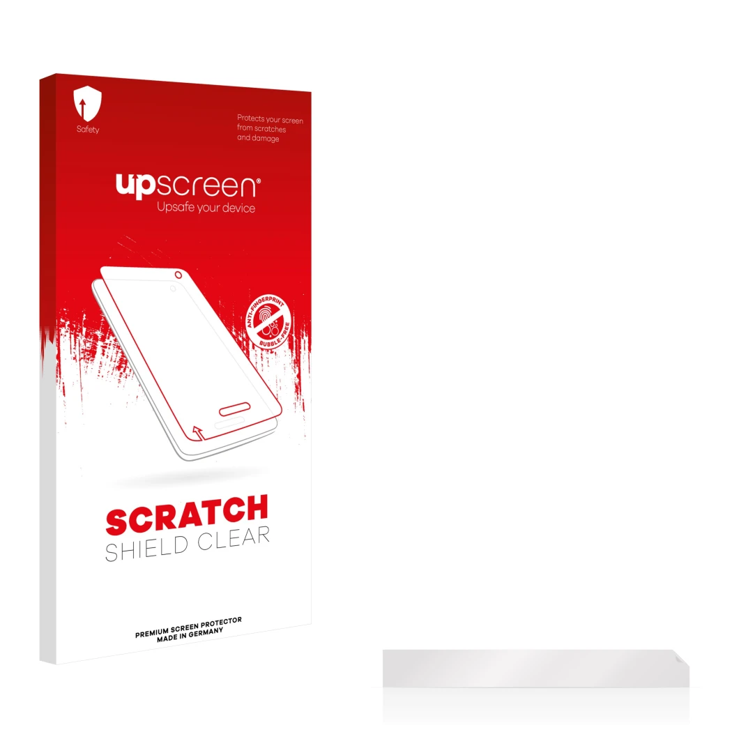 Vorderseite einer Produktverpackung mit dem Markenlogo upscreen. Daneben ist der zugehörige Displayschutz.