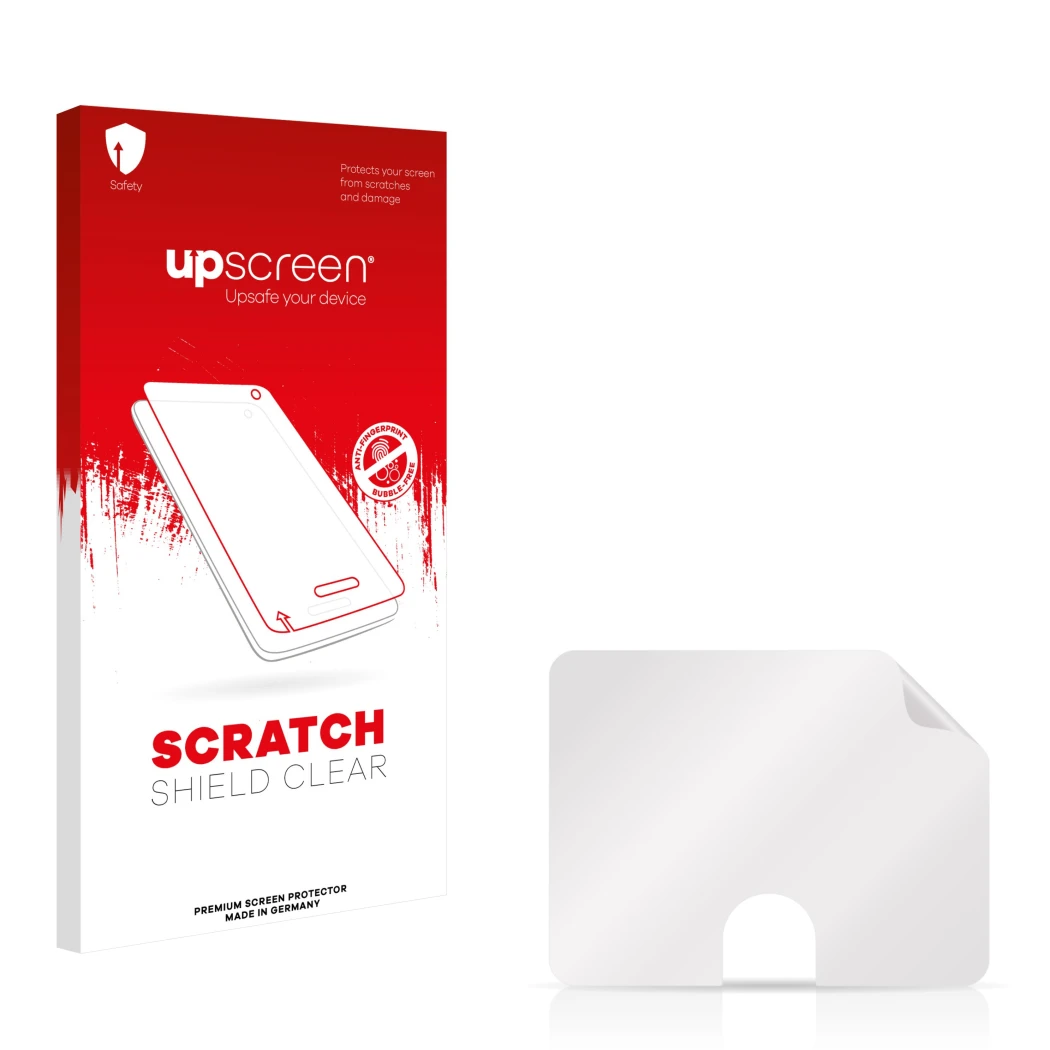 Vorderseite einer Produktverpackung mit dem Markenlogo upscreen. Daneben ist der zugehörige Displayschutz.