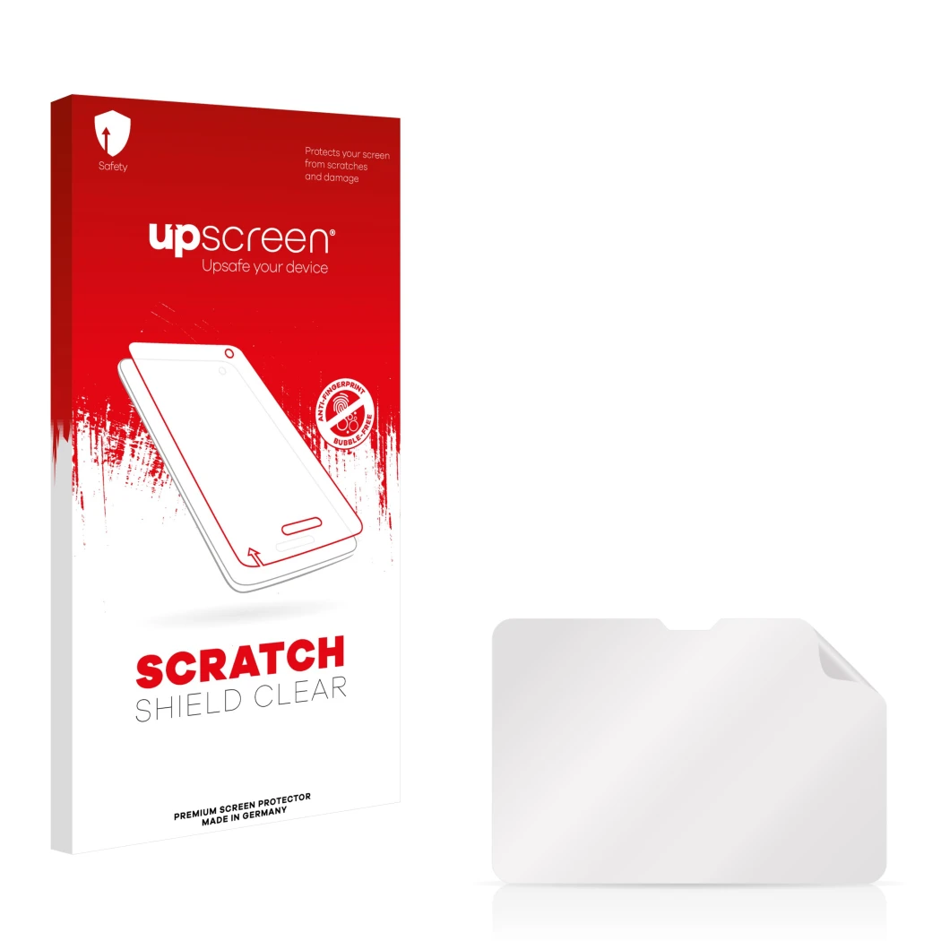 Vorderseite einer Produktverpackung mit dem Markenlogo upscreen. Daneben ist der zugehörige Displayschutz.
