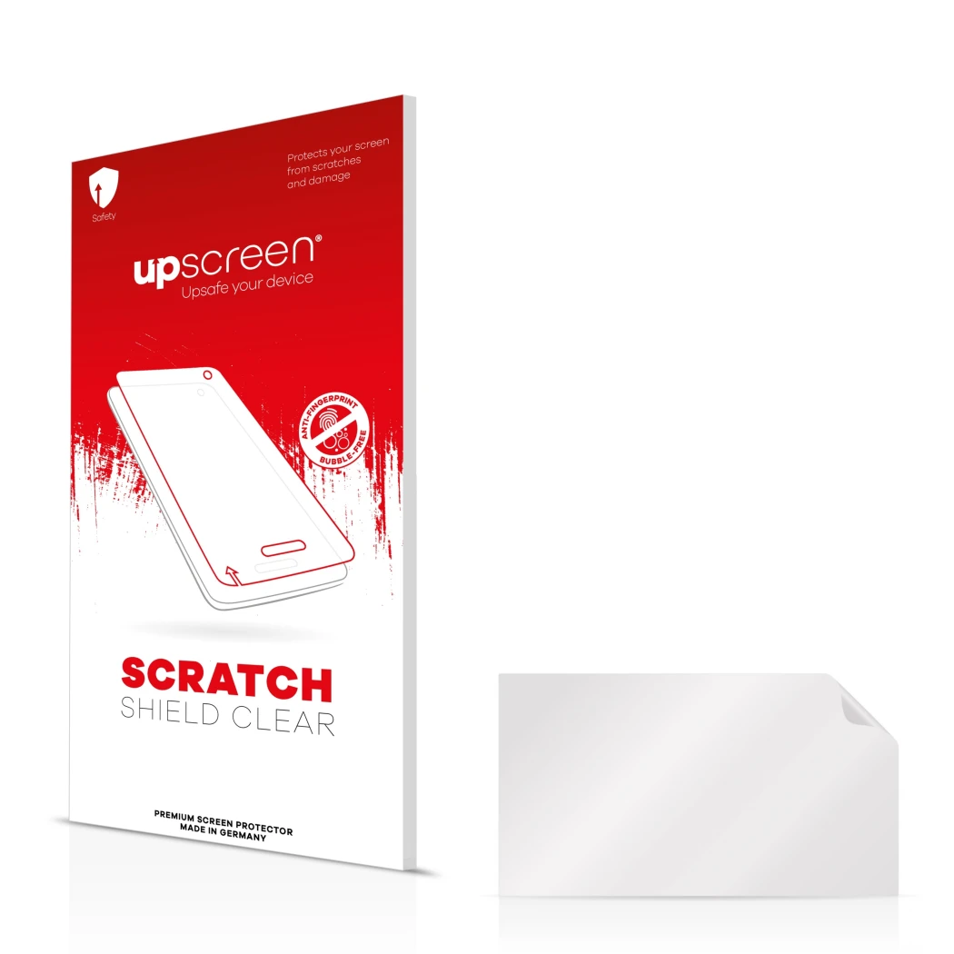 Vorderseite einer Produktverpackung mit dem Markenlogo upscreen. Daneben ist der zugehörige Displayschutz.