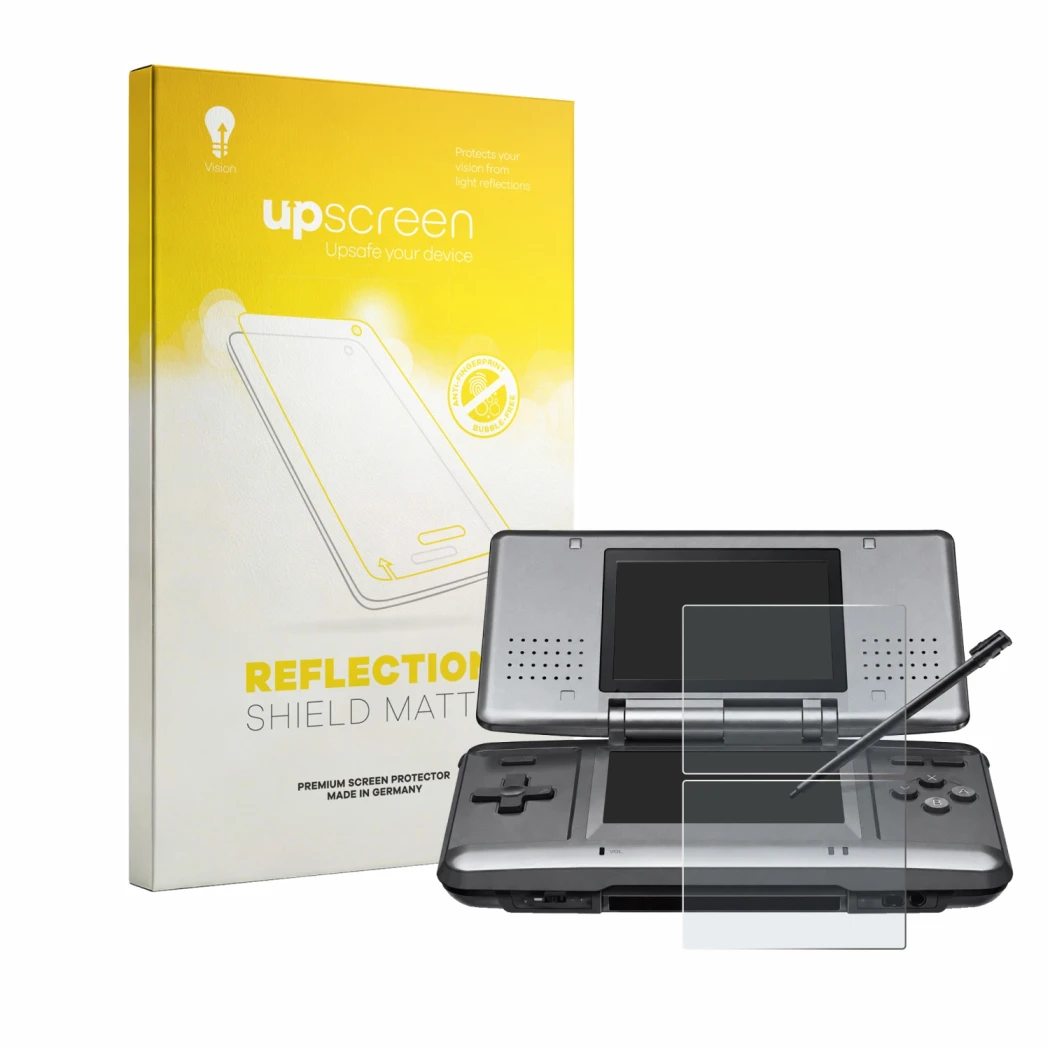 Vorderseite einer Produktverpackung mit dem Markenlogo upscreen. Daneben ist das Gerät Nintendo DS mit dem zugehörigen Display