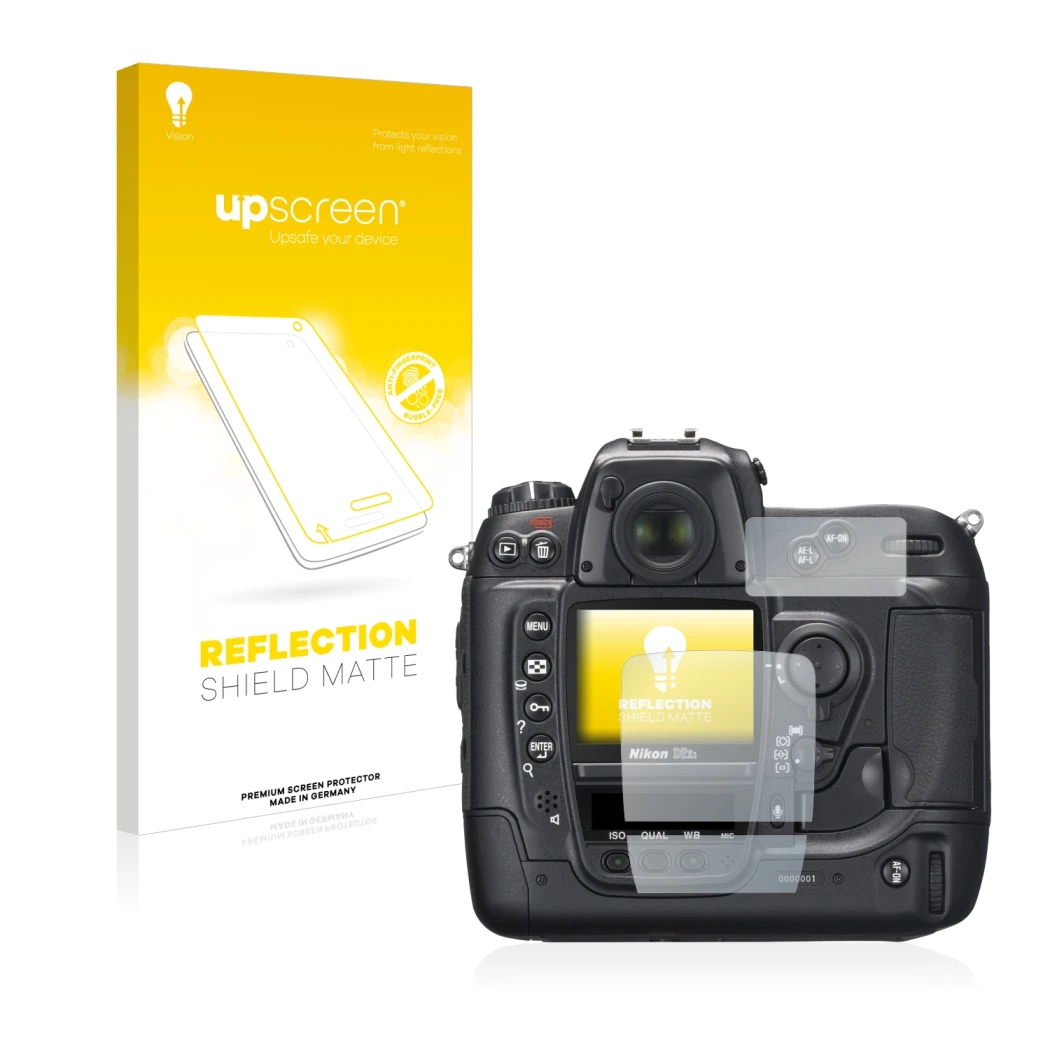 Vorderseite einer Produktverpackung mit dem Markenlogo upscreen. Daneben ist das Gerät Nikon D2X mit dem zugehörigen Displaysc