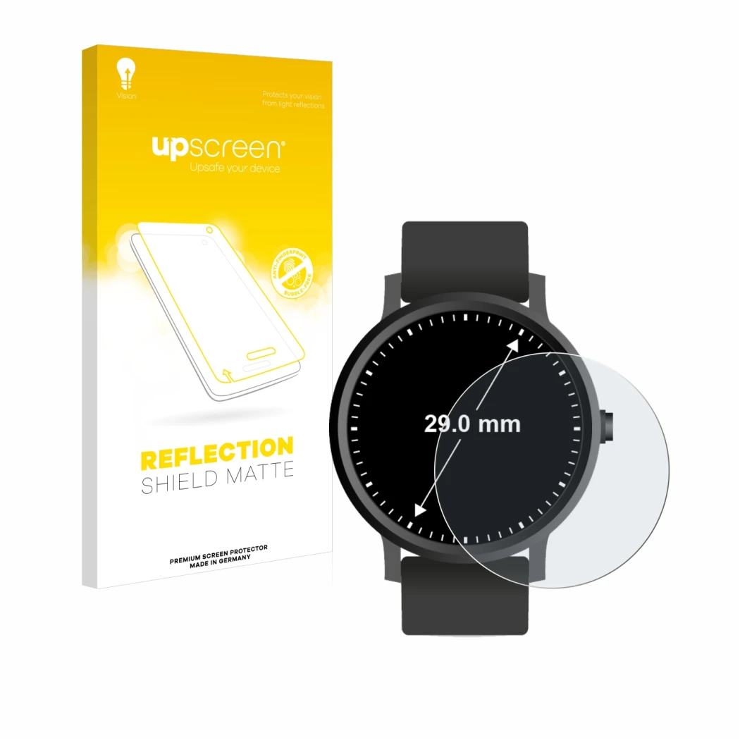 Vorderseite einer Produktverpackung mit dem Markenlogo upscreen. Daneben ist das Gerät Armbanduhren (Kreisrund, ø: 29 mm) mit