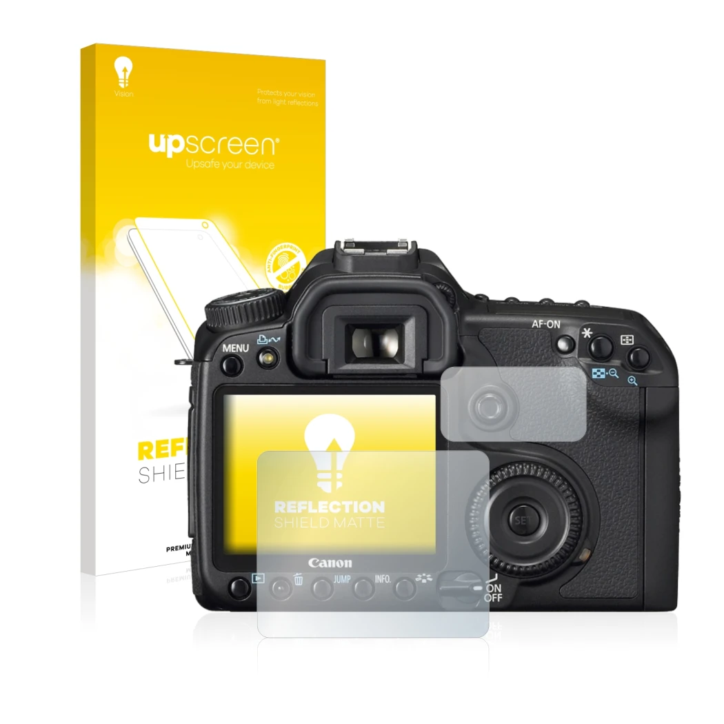 Vorderseite einer Produktverpackung mit dem Markenlogo upscreen. Daneben ist das Gerät Canon EOS 40D mit dem zugehörigen Displ