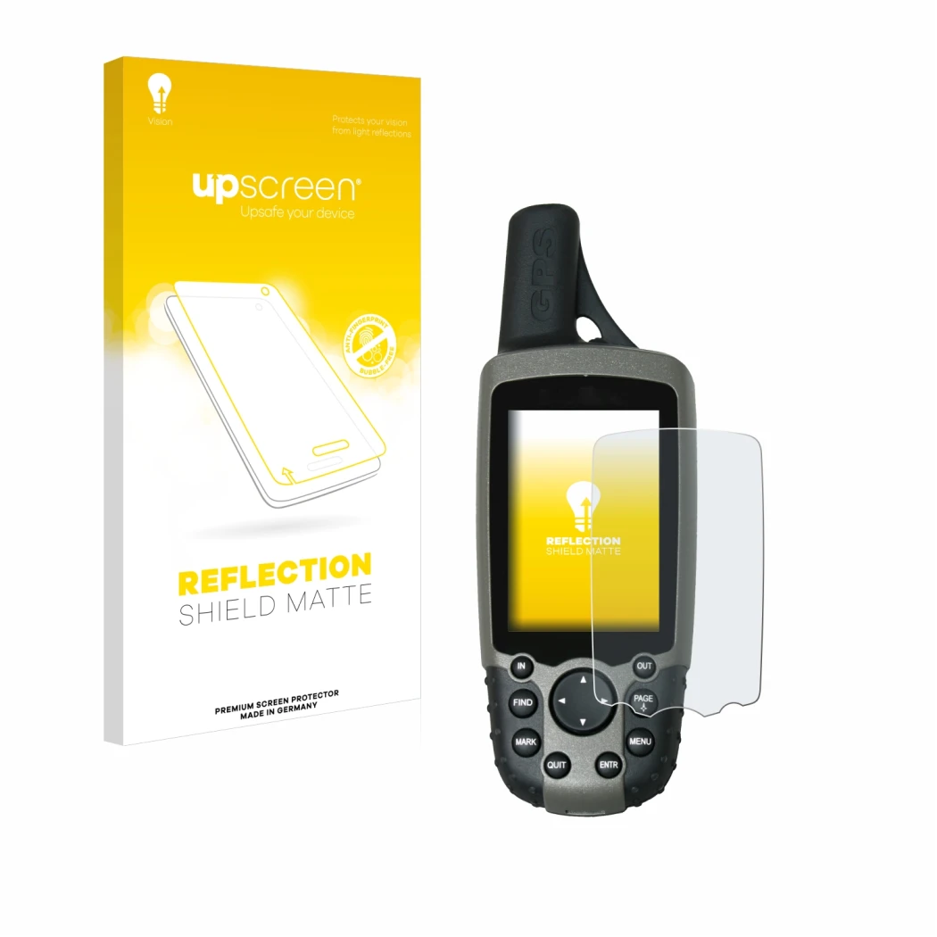 Vorderseite einer Produktverpackung mit dem Markenlogo upscreen. Daneben ist das Gerät Garmin GPSMAP 60CSx mit dem zugehörigen