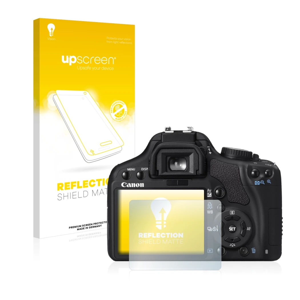 Vorderseite einer Produktverpackung mit dem Markenlogo upscreen. Daneben ist das Gerät Canon EOS 450D mit dem zugehörigen Disp