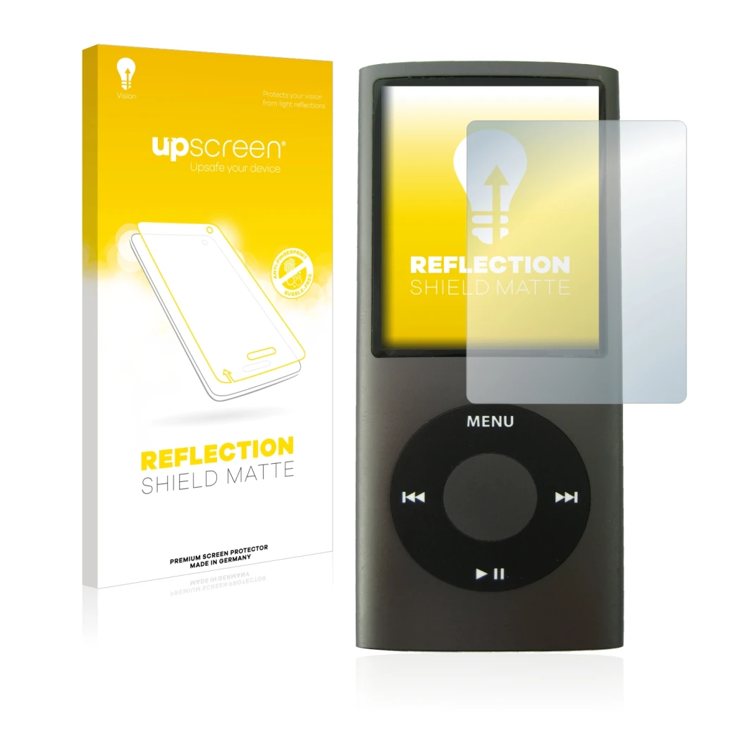 Vorderseite einer Produktverpackung mit dem Markenlogo upscreen. Daneben ist das Gerät Apple iPod nano (4. Gen.) mit dem zugeh