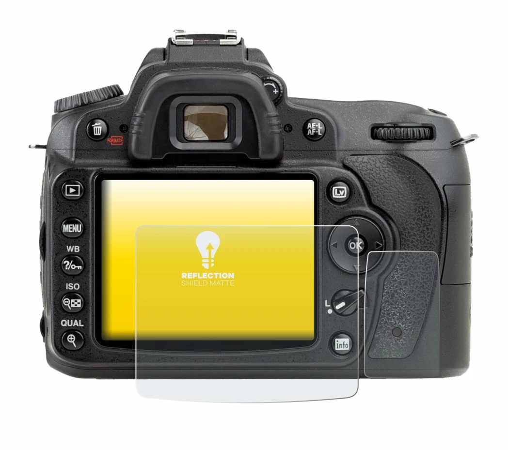 Abbildung des Geräts Nikon D90 mit einer Vielzahl des Displayschutzes.