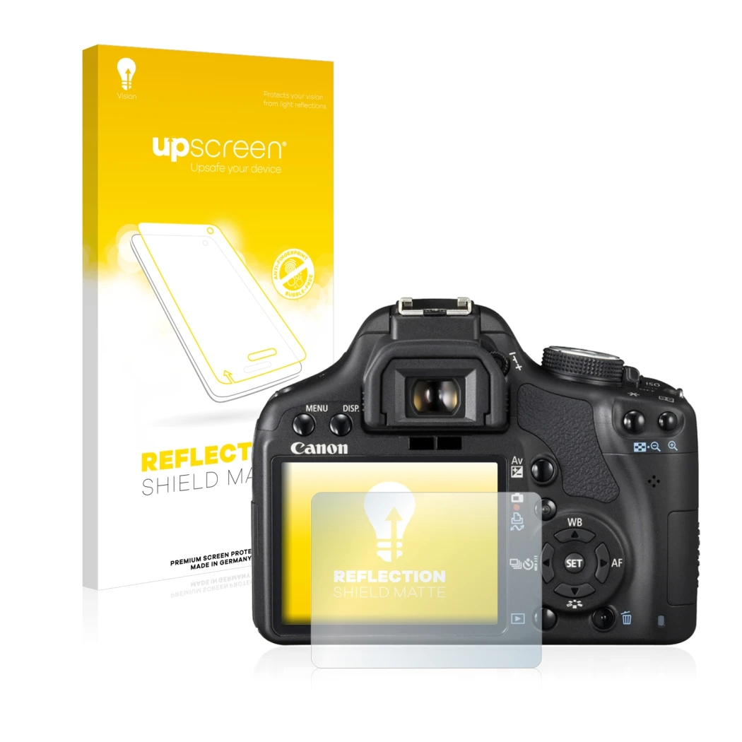 Vorderseite einer Produktverpackung mit dem Markenlogo upscreen. Daneben ist das Gerät Canon EOS 500D mit dem zugehörigen Disp