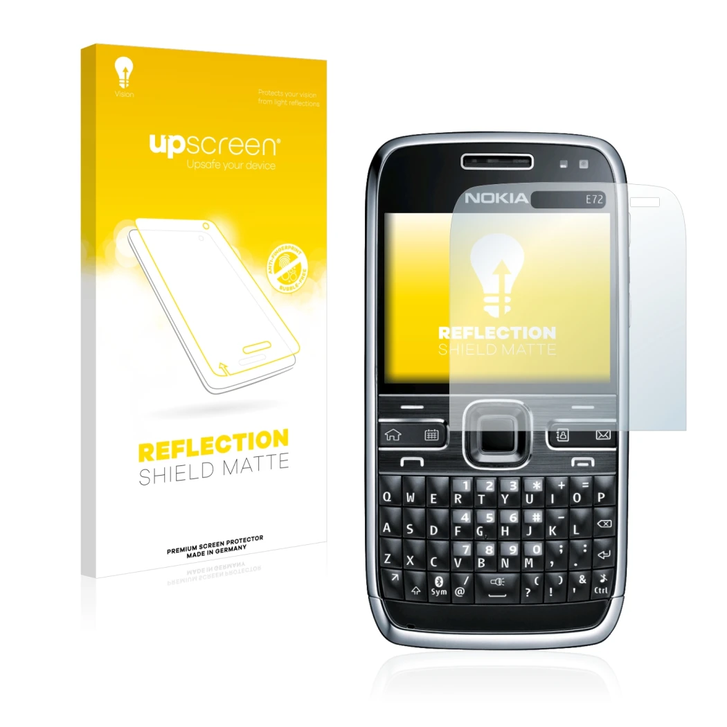 Vorderseite einer Produktverpackung mit dem Markenlogo upscreen. Daneben ist das Gerät Nokia E72 mit dem zugehörigen Displaysc
