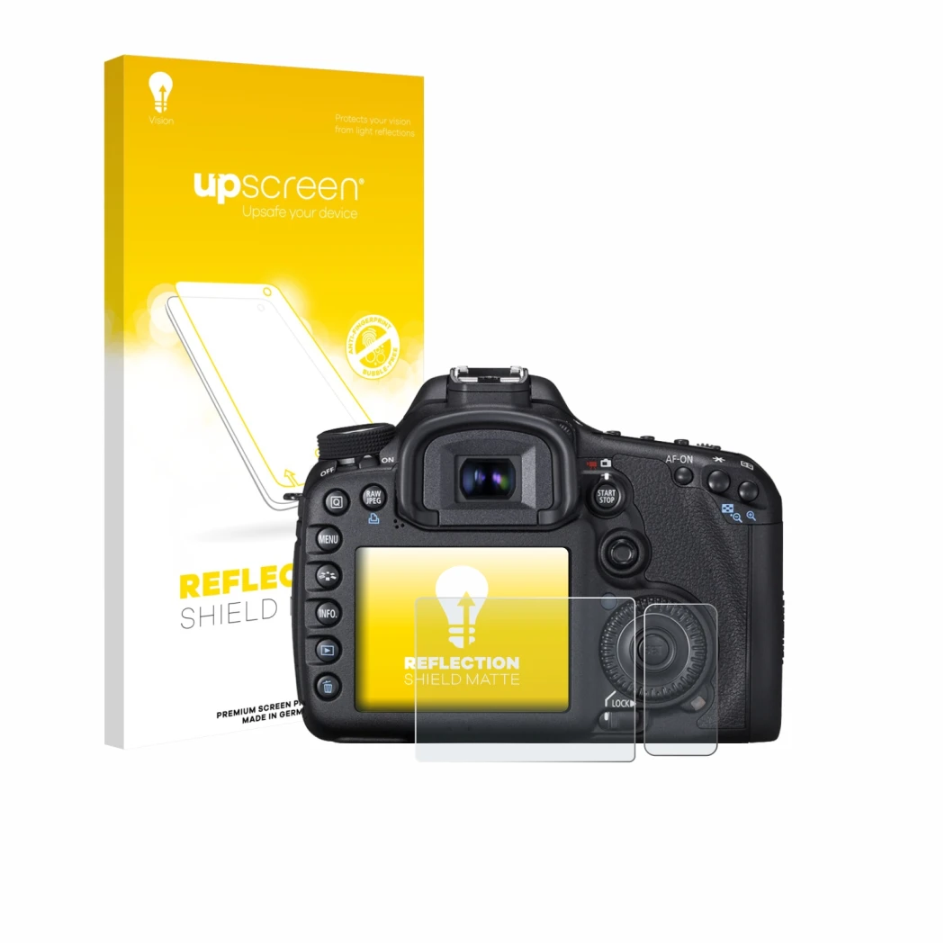 Vorderseite einer Produktverpackung mit dem Markenlogo upscreen. Daneben ist das Gerät Canon EOS 7D mit dem zugehörigen Displa