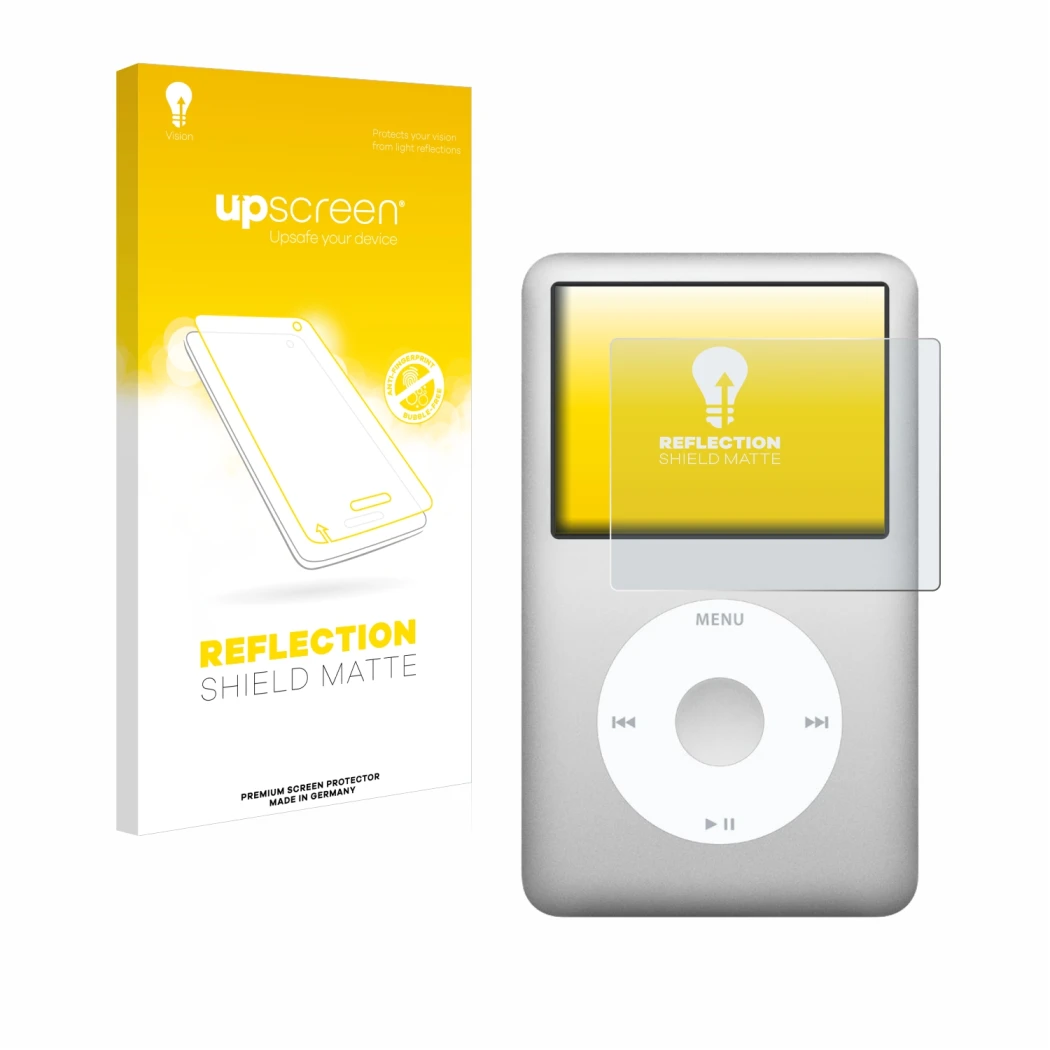 Vorderseite einer Produktverpackung mit dem Markenlogo upscreen. Daneben ist das Gerät Apple iPod classic 160 GB (7. Gen.) mit