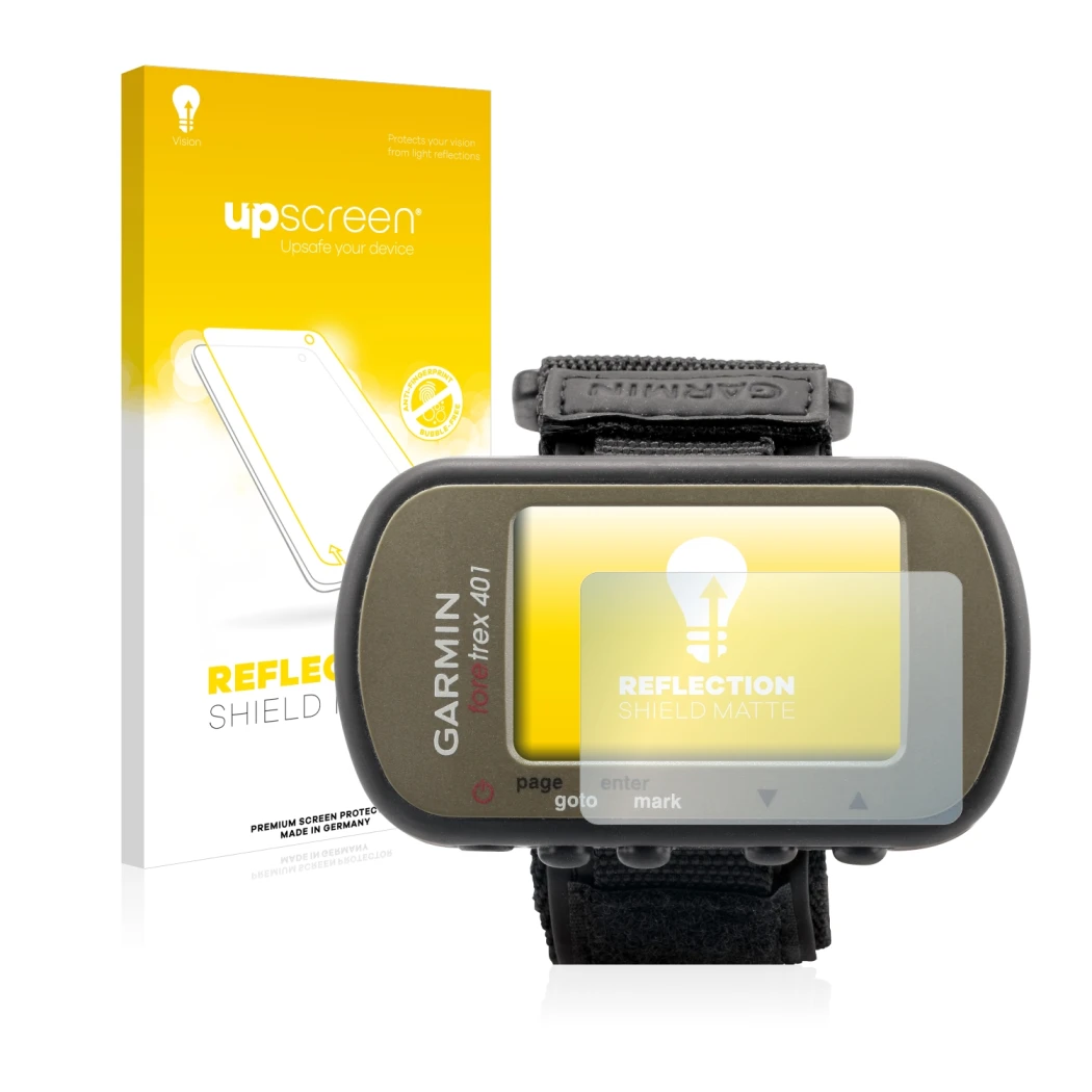 Vorderseite einer Produktverpackung mit dem Markenlogo upscreen. Daneben ist das Gerät Garmin Foretrex 401 mit dem zugehörigen